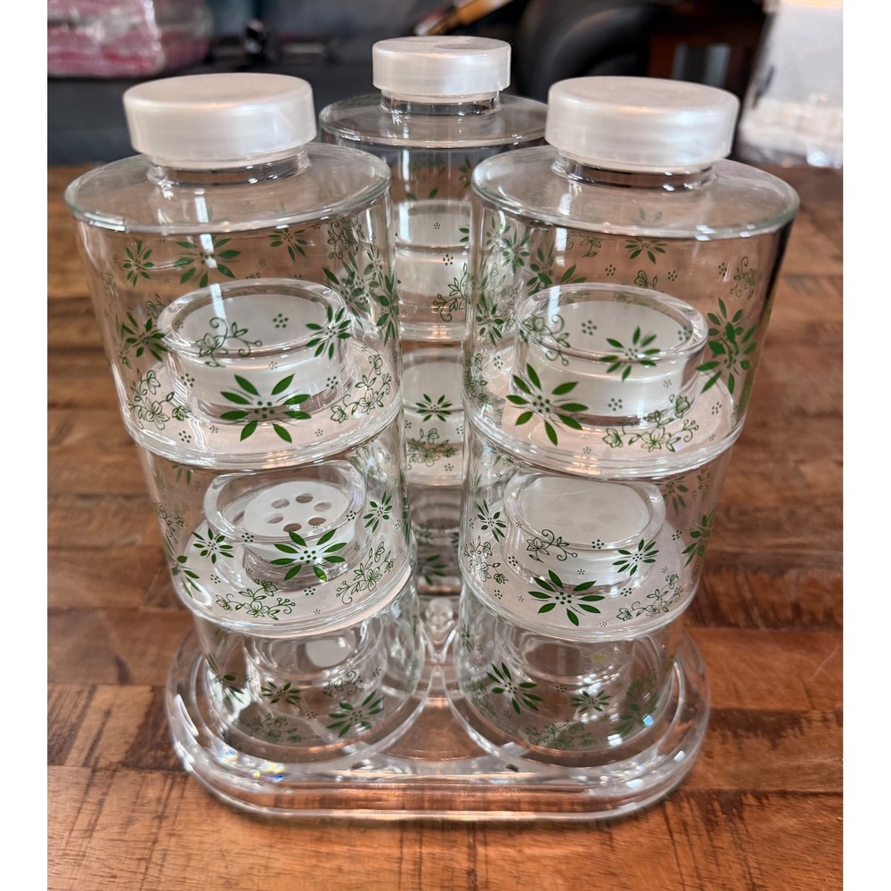 Temptations Rotating Spice Rack 9 Stackable Jars Green Floral Clear Acrylic